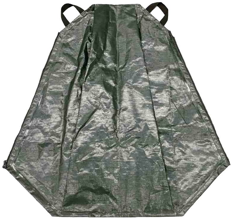 A green, hexagonal tarpaulin with sewn handles at the corners, potentially suitable for transporting or protecting materials.