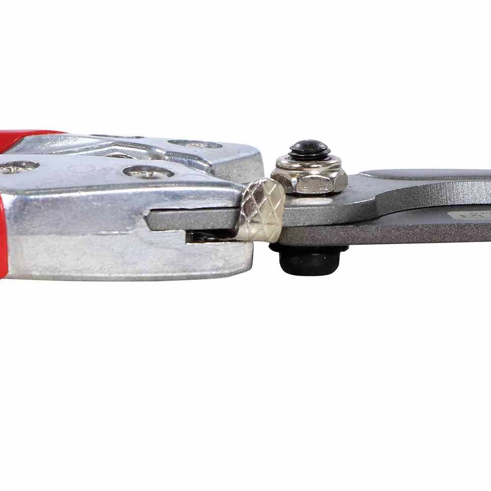 Close-up of a red metal cutting pliers with closed handle and closed cutting edge, against a white background.