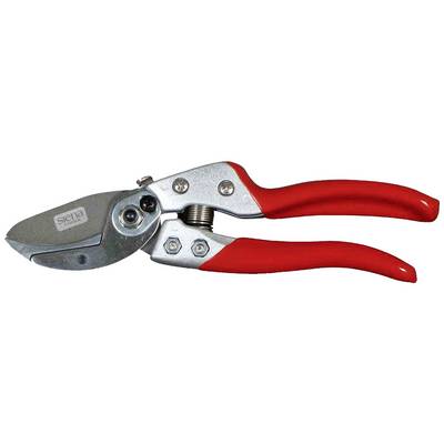 A garden secateurs with red handles and a silver blade, used for cutting plant branches.