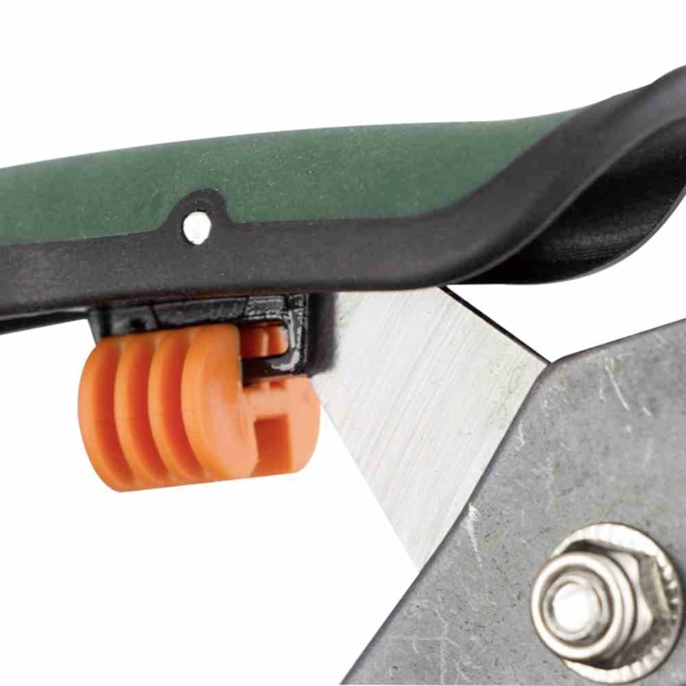 Close-up of a pair of garden secateurs with a green handle and orange locking mechanism. Suitable for maintaining plants and shrubs.
