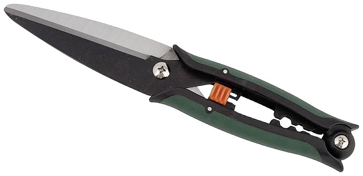 A green hedge trimmer with black handles and an orange safety lock, suitable for gardening work.