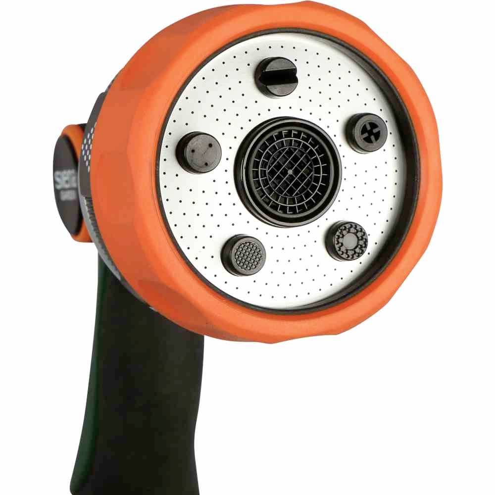 An orange shower head-like device with four adjustable water spray patterns, designed to regulate water flow for various purposes.