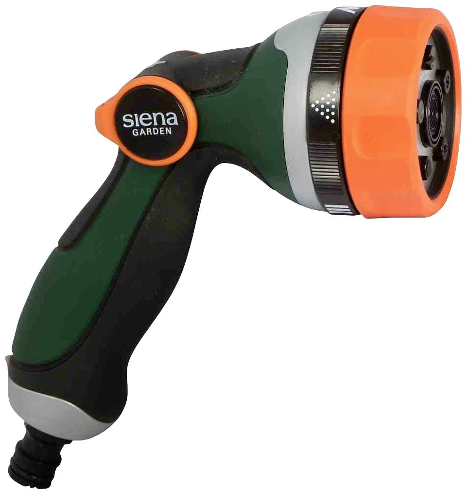 Green garden hose spray nozzle with black handle and orange adjustment dial. Brand name 'Siena Garden' on black button.