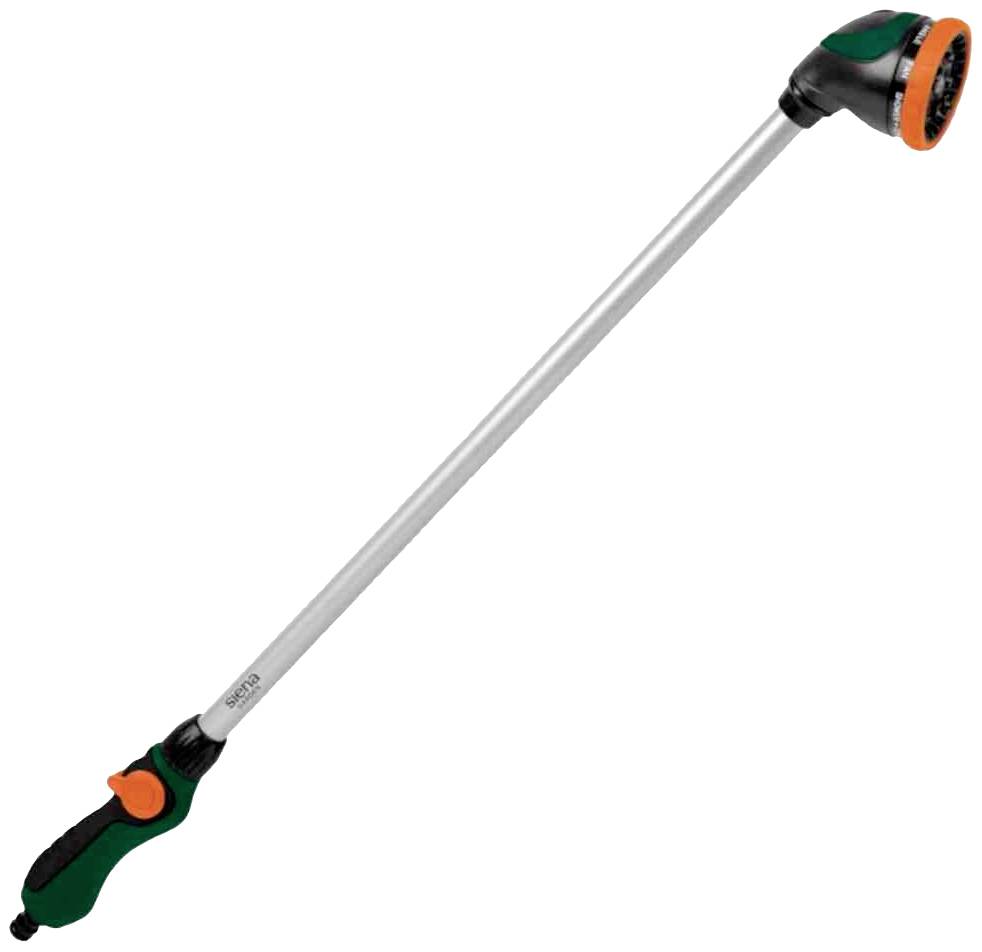 A long garden shower attachment with an adjustable spray head and ergonomic handle in black and green, perfect for watering.