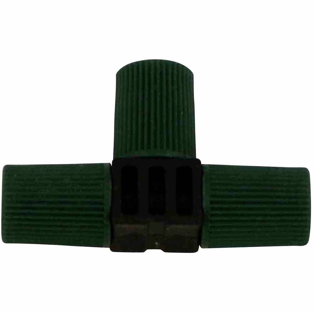 A green three-way hose connector with three equally long, ribbed arms and a central black connection block.