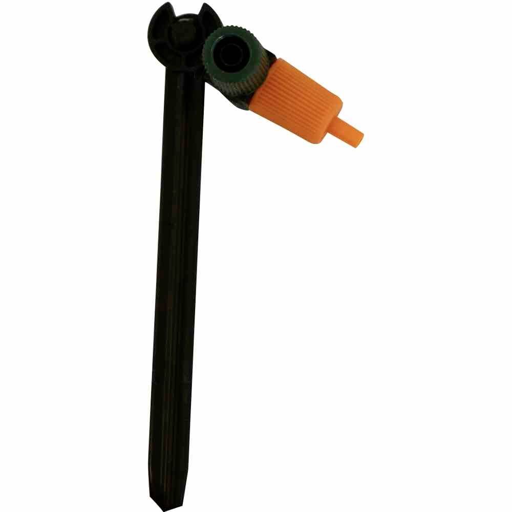 A drip irrigation nozzle with a black stem and orange adjustment wheel, for regulating water flow in a garden system.