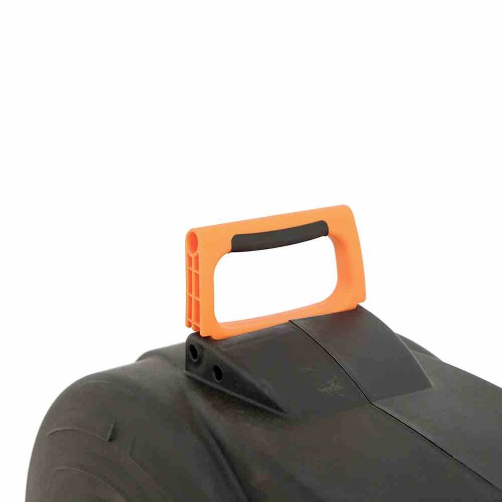 A close-up of a black tyre with an orange handle.