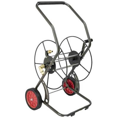 A garden hose reel with two red wheels and a black handle, suitable for storing and transporting hoses.
