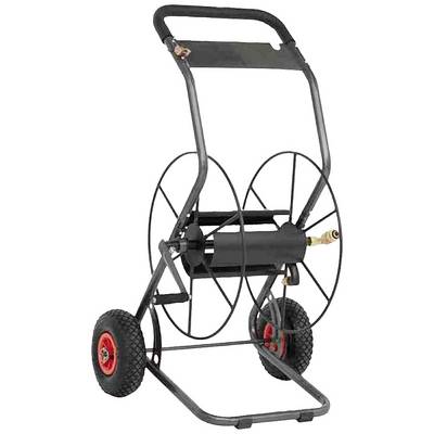 Metal garden hose reel trolley with two wheels, suitable for storing and transporting garden hoses.