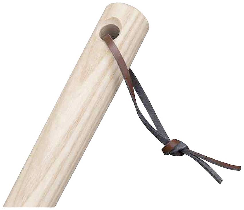 A wooden rod with a leather strap threaded through a hole at one end. The strap is tied into a loop.