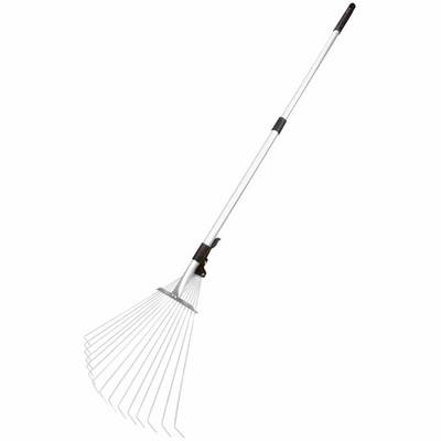 A garden rake with a long, white handle and silver tines. Suitable for gathering leaves or grass cuttings in the garden.