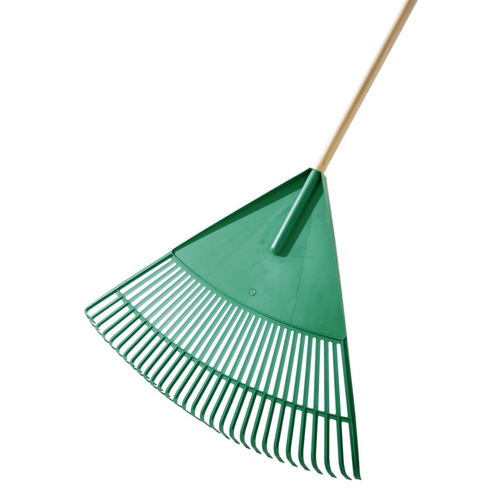 A green leaf rake with a wooden handle, used for collecting leaves in the garden.