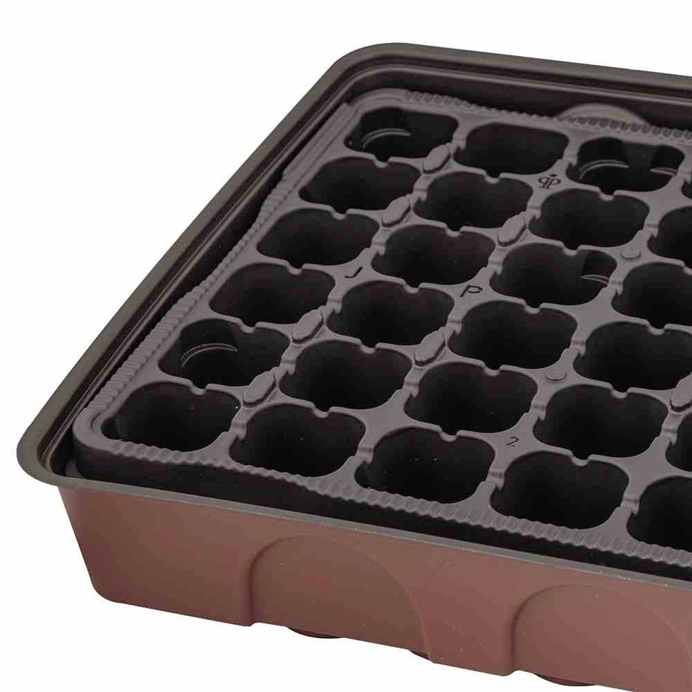 A rectangular seed tray with multiple small compartments for planting seeds or seedlings.