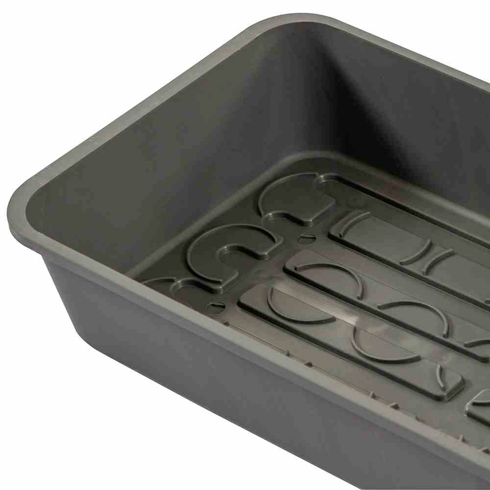 Grey plastic tray with a rectangular shape and raised interior pattern, suitable for paint rollers or craft work.