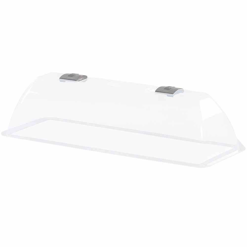 Transparent cover with two grey handles, suitable for covering dishes on buffet tables.