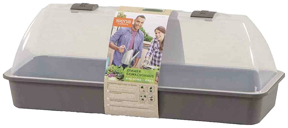 Indoor greenhouse with two ventilation flaps on the lid. Packaging shows an image of two people planting. Ideal for seedling cultivation.