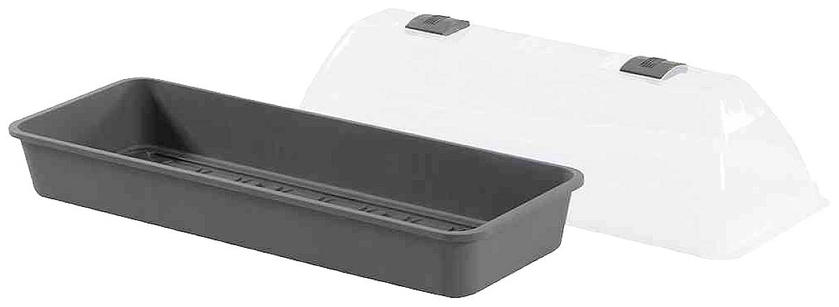 A rectangular seed tray with a grey bottom tray and transparent lid with ventilation holes, ideal for plant propagation.