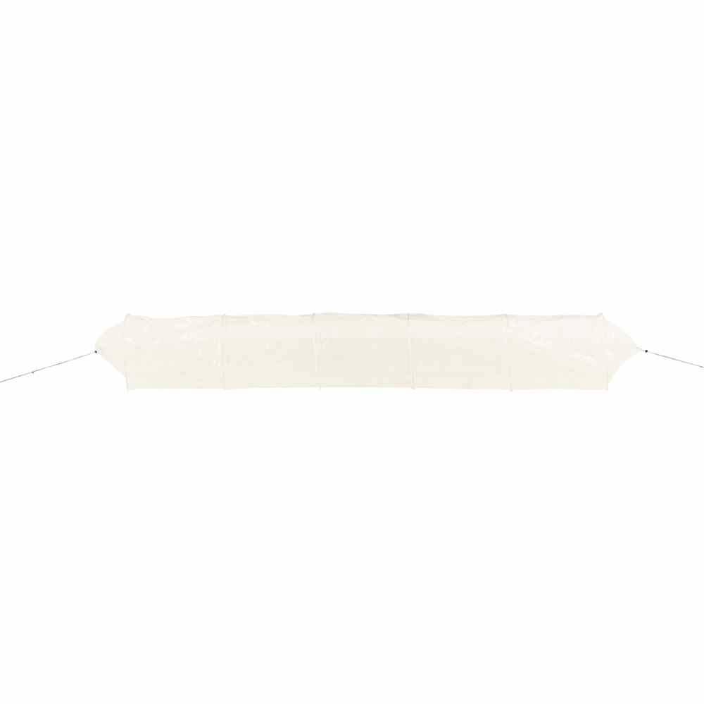 A white, rectangular banner is stretched horizontally and held at both ends by ropes. It is visible against a light background.