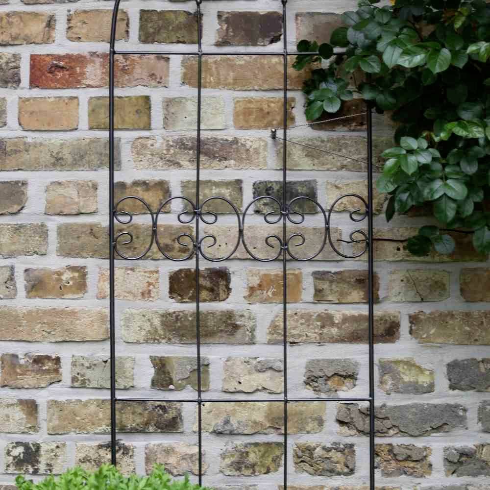 A wrought-iron garden trellis leans against a brick wall with green plants extending from the right into the image.