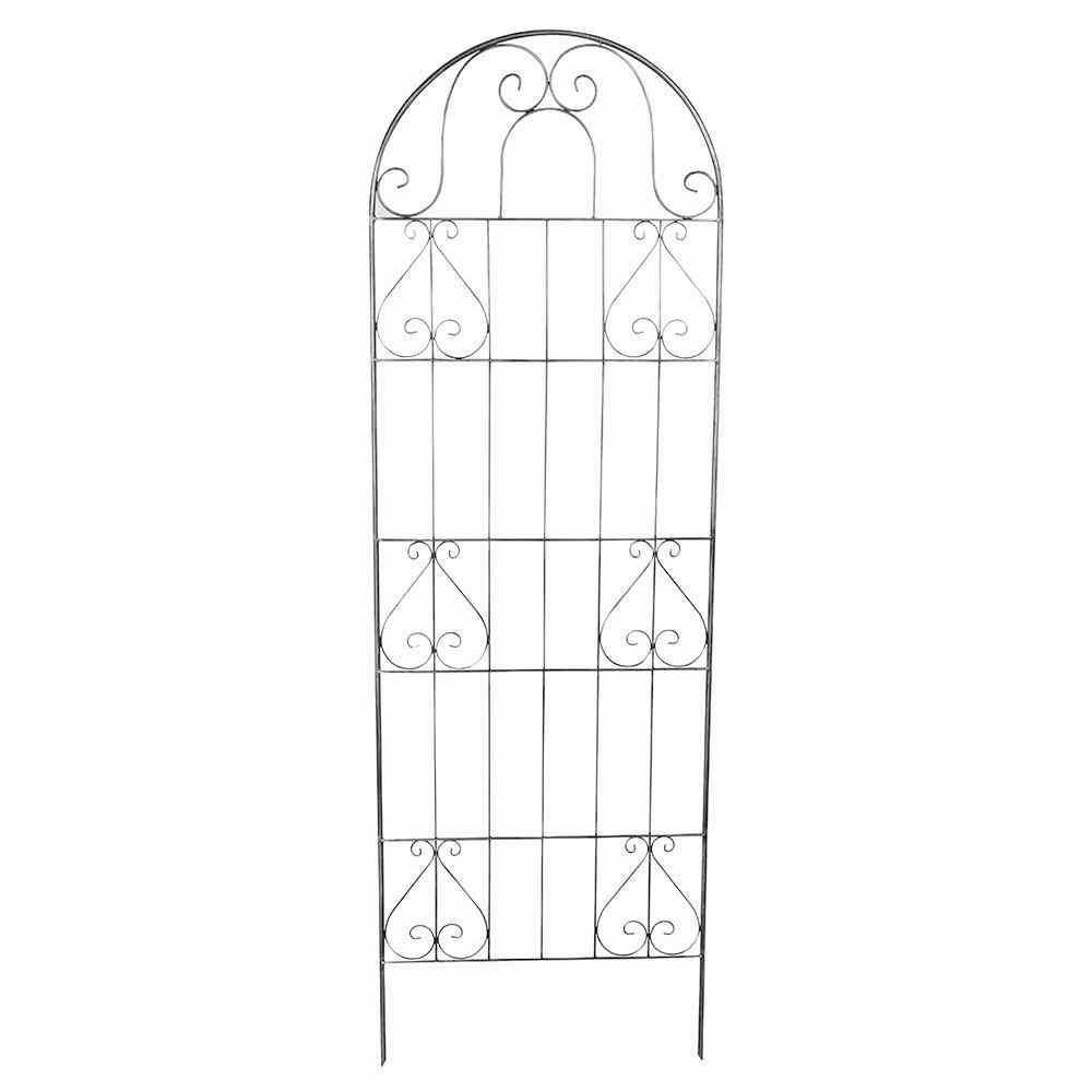 A curved metal garden support with decorative patterns. Used for climbing plants to provide support and embellishment in gardens.