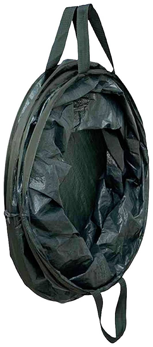 A folded, portable, green tent with two carry handles. Primarily designed for storage or transportation in a compact state.