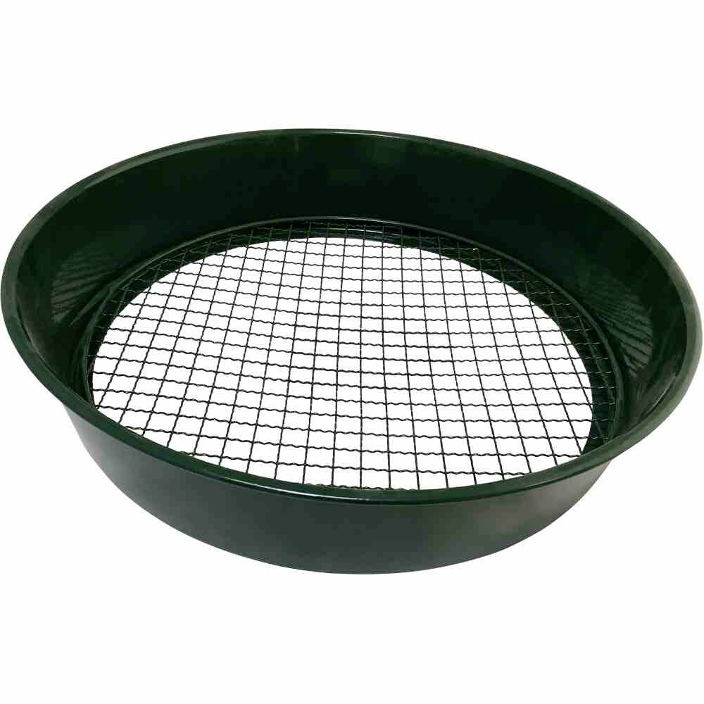 A round, green sieve with a mesh base, primarily used for sifting gravel or sand.