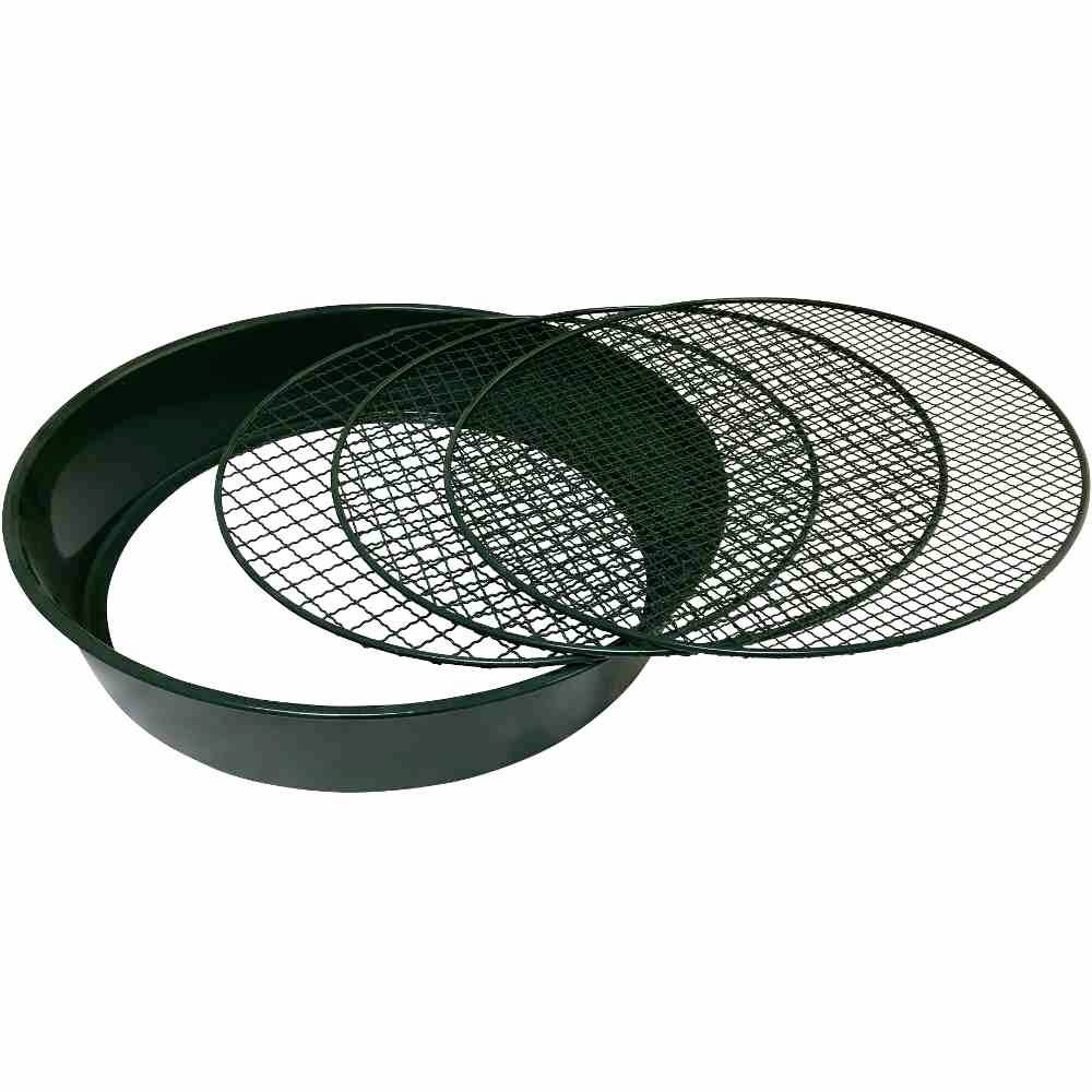 A round, black sieve with three interchangeable meshes of different gauges, suitable for filtering or straining.