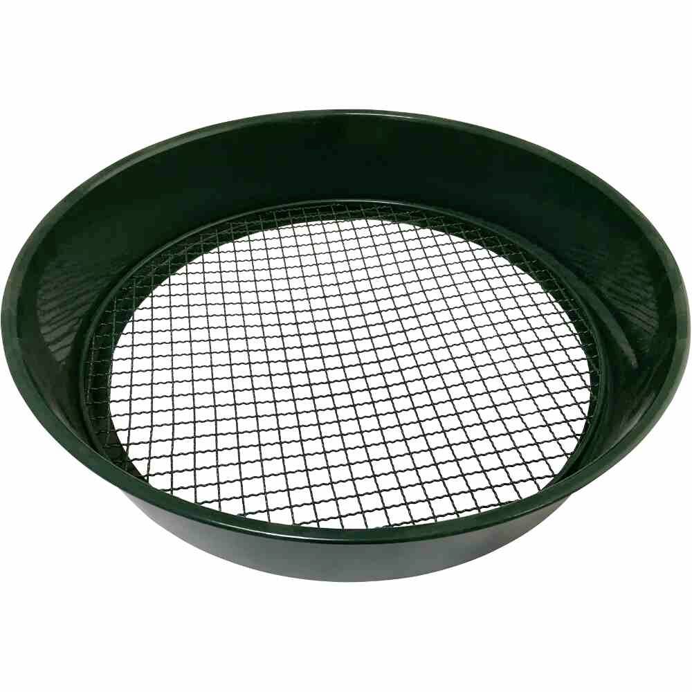 A green garden sieve with fine metal mesh, ideal for sifting soil or compost.