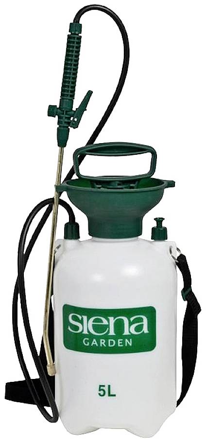 A white sprayer by the brand 'Siena Garden' with a green lid and trigger. Capacity: 5 litres.