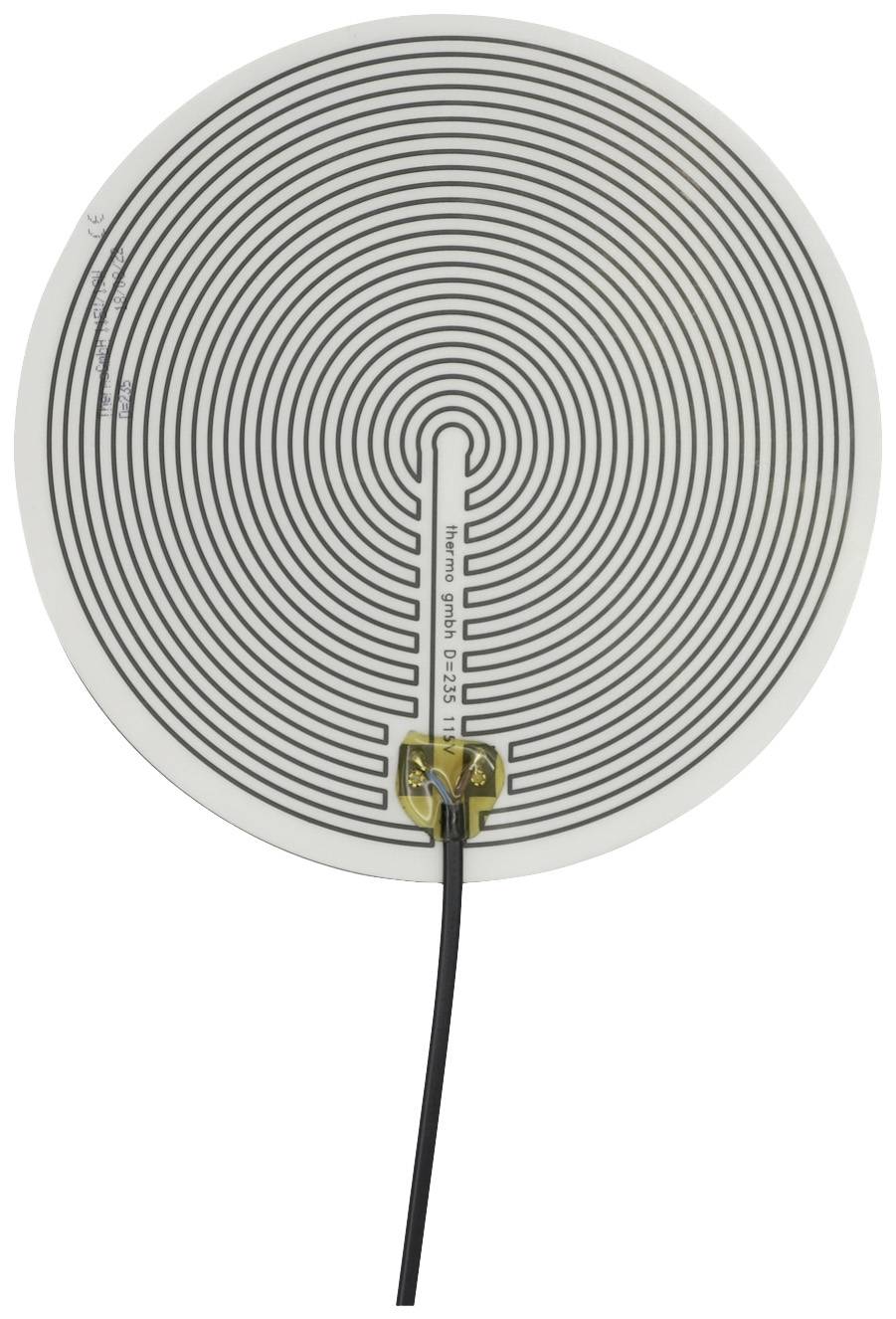 Round, flat pressure sensor with a spiral, conductive pattern and attached cable, suitable for precise pressure measurement.