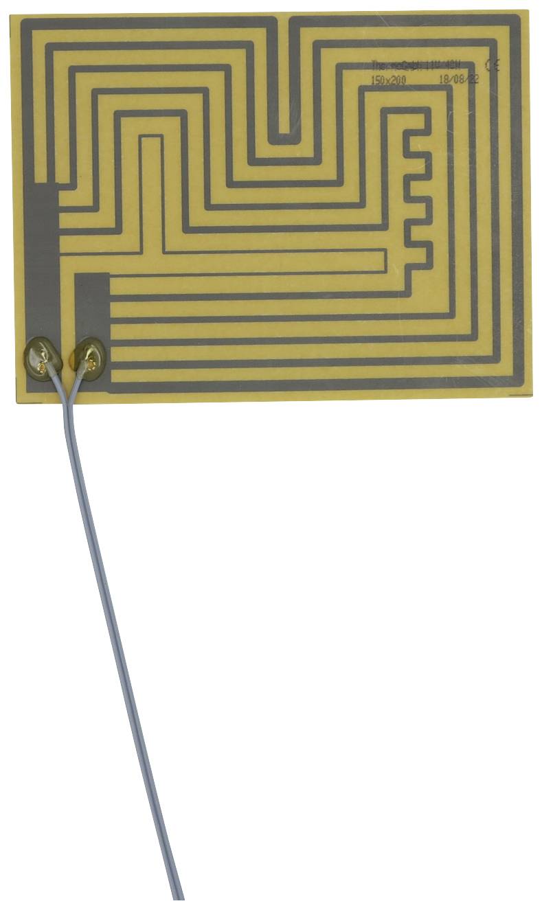 'A rectangular, yellow heating pad with a curved piping network and two connected cables.'