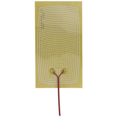 Flexible, printed heating pad with white conductor tracks on a yellow substrate and red connection cables.
