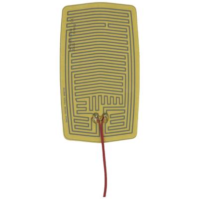 A rectangular heating pad with a yellow surface and blue circuit traces. Two red wires are attached to the underside.