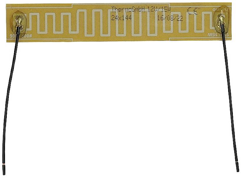 Electrical resistance sensor with a yellow circuit board and white lines. Two black cables are attached at the ends.