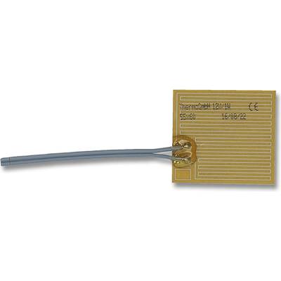 Flat, yellow electrical sensor with two blue wires.