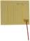 A yellow electric heating pad with a printed heating coil and two red connecting wires at two golden contact points.