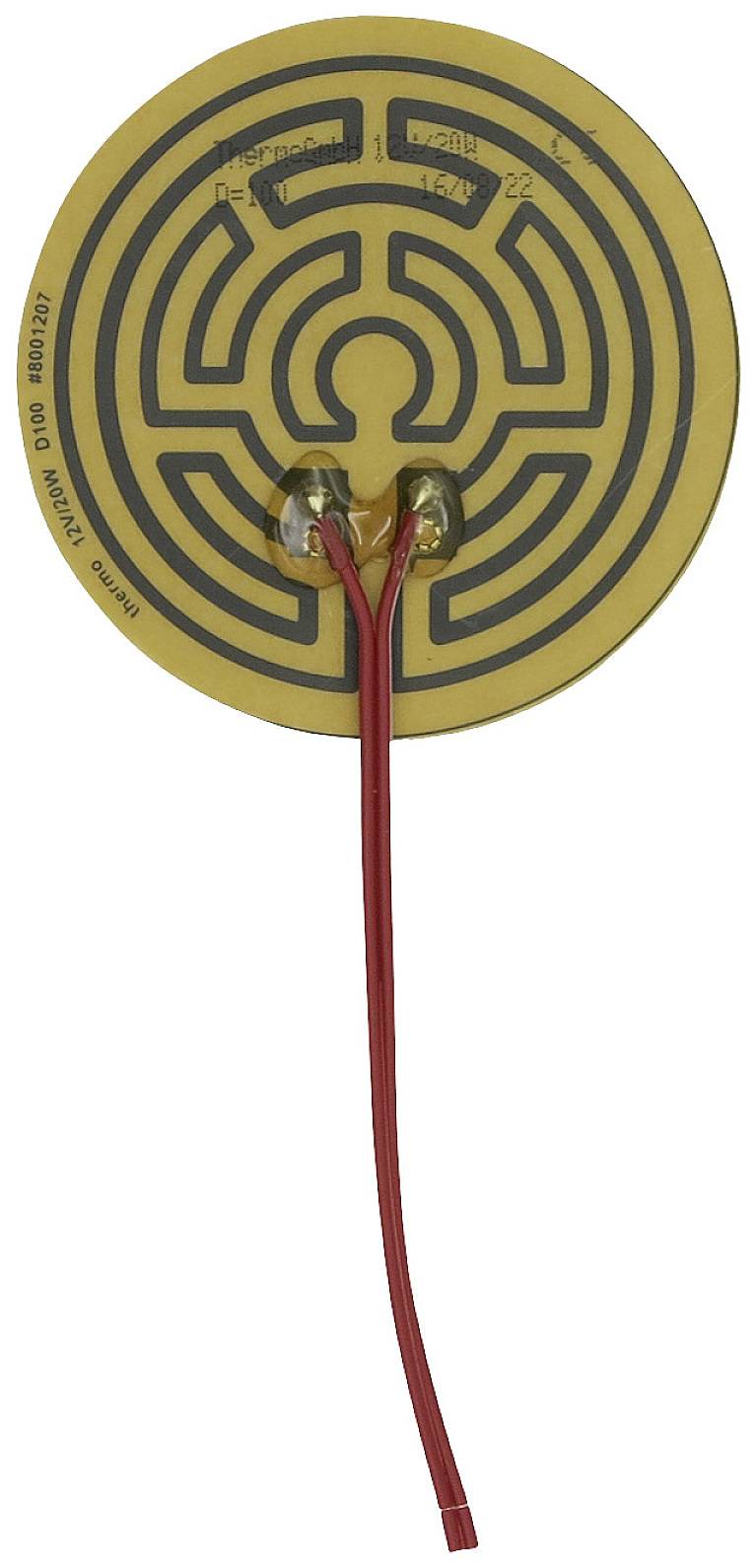 Round piezoelectric buzzer with red wires leading to the centre. Top surface has a metal labyrinth pattern.