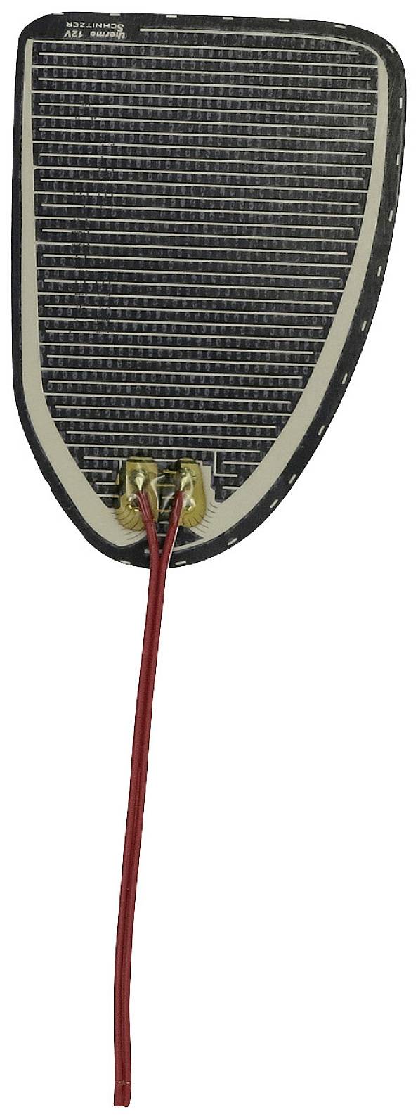 Heating element made from flexible material with two red cables, suitable for use in seat heating or similar applications.