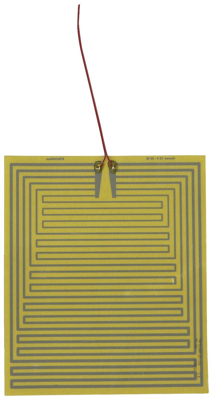 Yellow heating element with red wires, printed circuit tracks in a labyrinthine pattern for energy transfer.