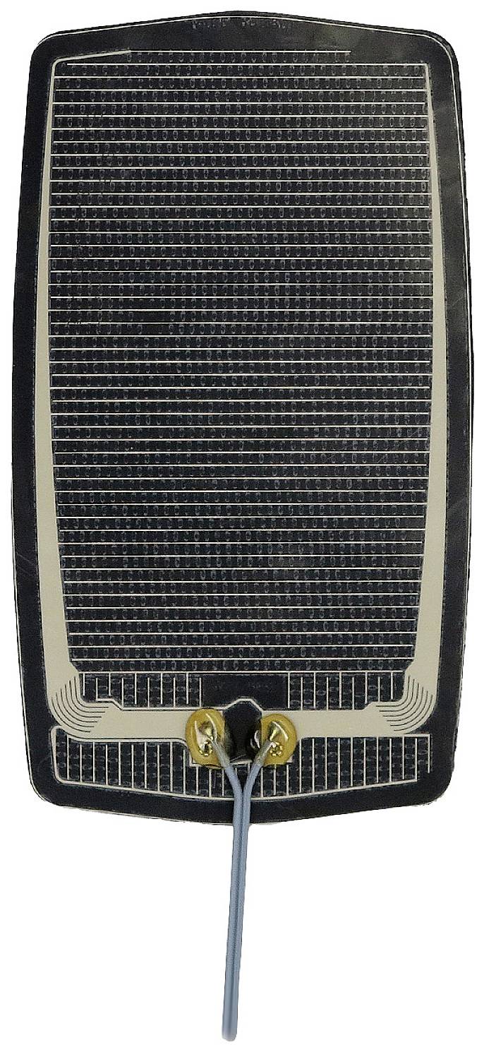 A rectangular heating element with a grid mesh pattern and two protruding wires at the bottom. Used for heating surfaces.