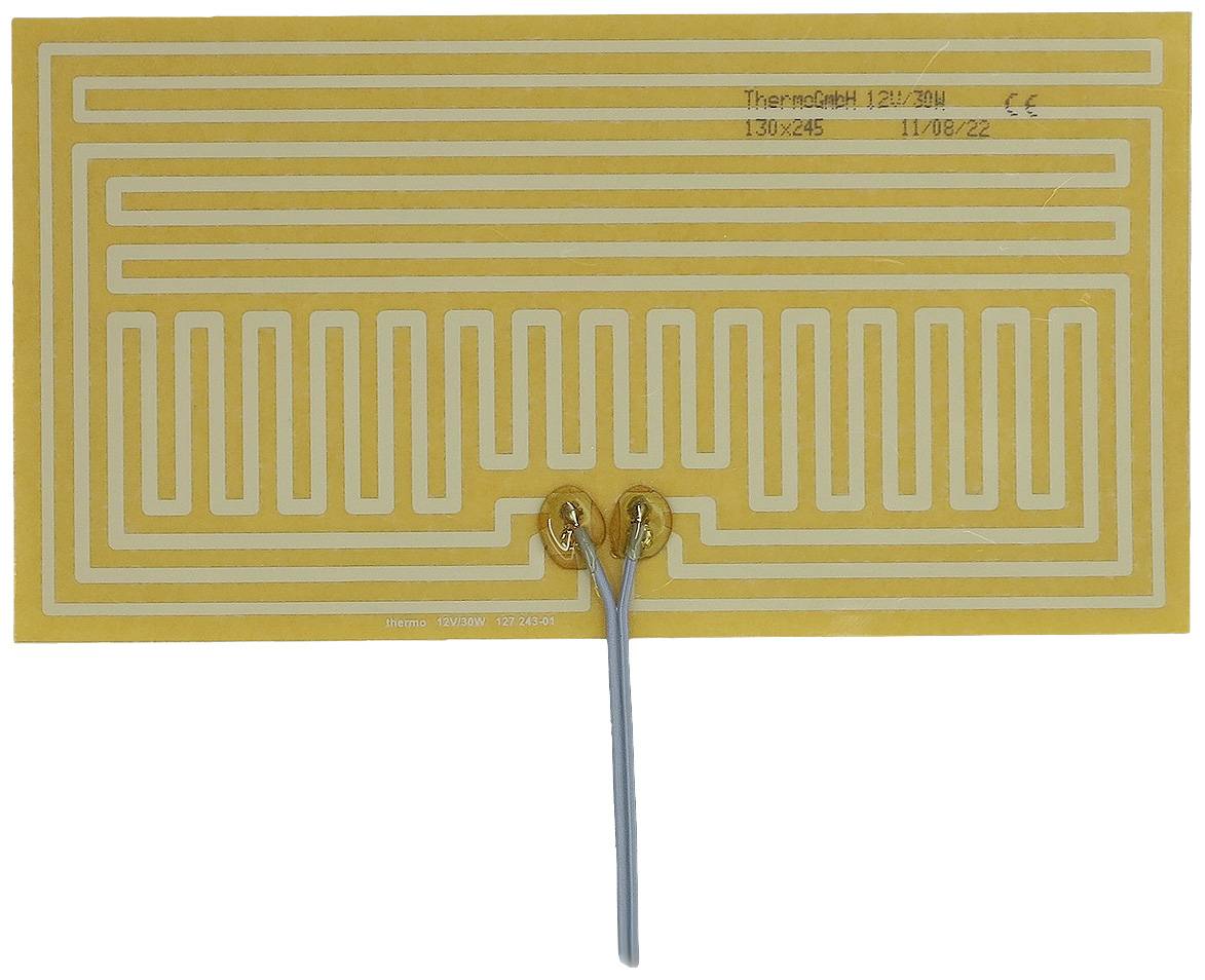 A rectangular heating element with intertwined heating wires, connected by two blue cables. Markings in the top right corner.