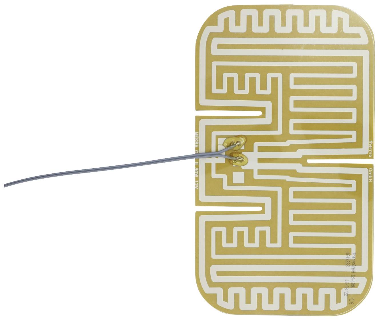 Copper foil on a rectangular surface with a labyrinthine pattern. A wire is connected at two points in the centre.