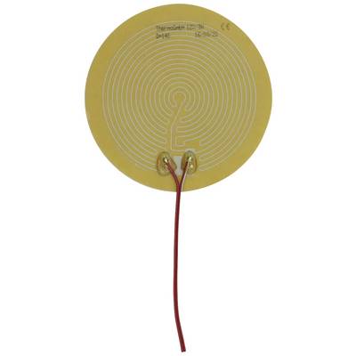 Flat, round heating element with a labyrinthine pattern on a yellow substrate, with two red cables connected.