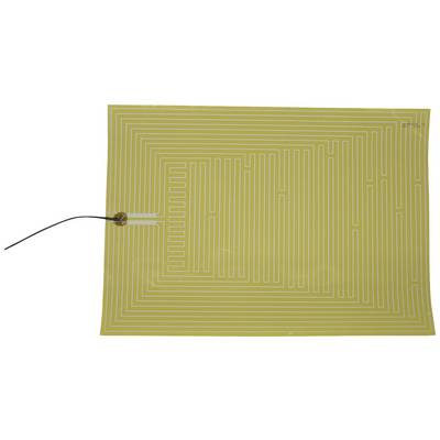 A flexible heating film with a spiral-shaped pattern and an attached cable on a rectangular surface.