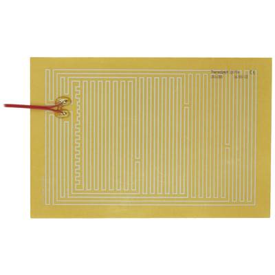 A rectangular heating element with red wires mounted on a yellow flexible plate. Printed circuit boards are visible.