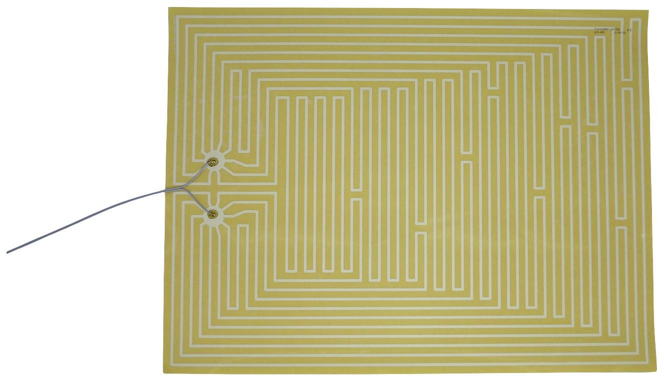 A rectangular, yellow heating pad with white, winding heating tracks and two connected cables on the left side.