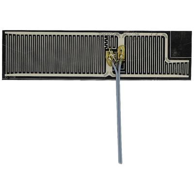 An RFID antenna chip with two golden contacts and blue cables extending downwards. Suitable for wireless communication.