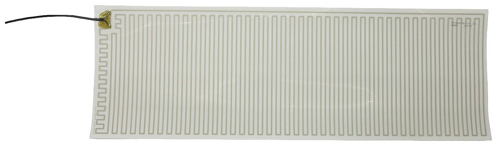 'A flexible heating film with a serpentine conductor path, connection cable on the left side.'