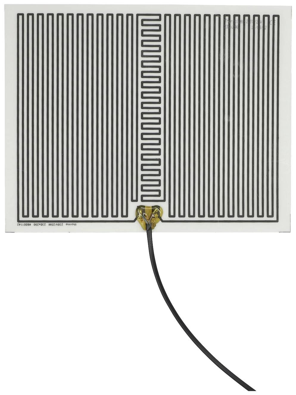 Flat, rectangular electric heater with dark grey, serpentine lines and centrally mounted cables serving as the power supply.