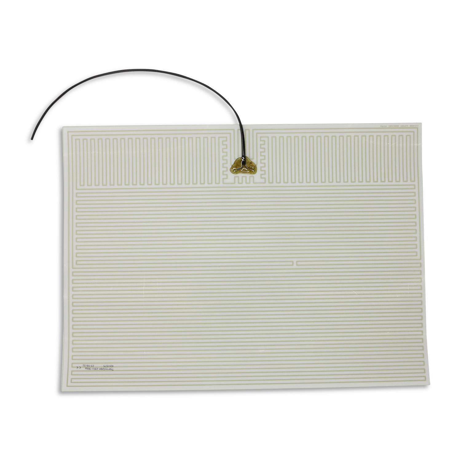 Flat, rectangular heating film with a thin, serpentine circuit pattern and a cable attached to one side for heating purposes.